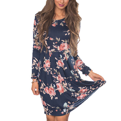 

2017 Autumn printing Slim large pendulum multi-color long-sleeved dress