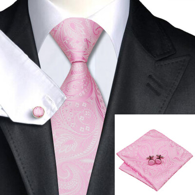 

N-0436 Vogue Men Silk Tie Set Pink Paisley Necktie Handkerchief Cufflinks Set Ties For Men Formal Wedding Business wholesale