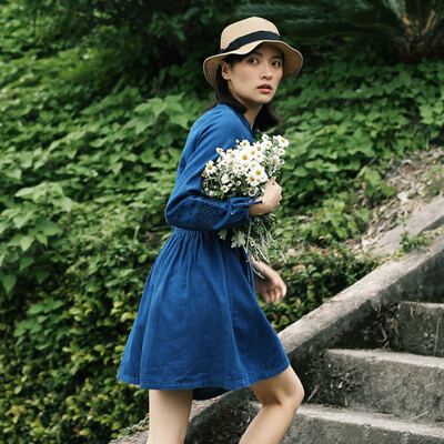 

And pure Raincun N4071 Japanese embroidery denim dress a word high waist was thin long sleeve lace skirt blue  N4071L0XL