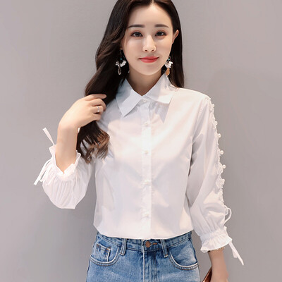 

Fort Sheng 2017 new women&39s fall nine points sleeves cardigan loose shirt color sweet POLO collar hollow pleated strap lace yzKFG7108 white S