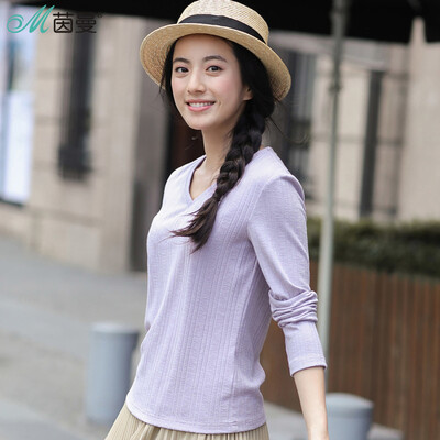 

Yan Man INMAN 2017 autumn new V-neck long sleeve ribbed primer T-shirt shirt female 1873021264 flower gray