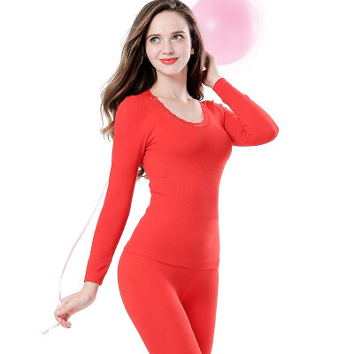 

Langsha thermal underwear ladies comfortable body slim seamless autumn clothes long pants set red  155-165