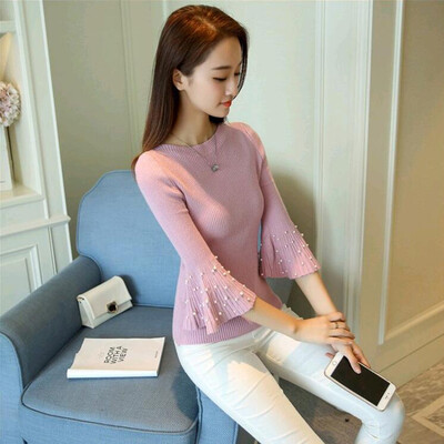 

Sustory womens 2017 autumn&winter models trumpet sleeves round neck pullover shirt bottom shirt beaded sweater sweater sweater SRSU081 pink M
