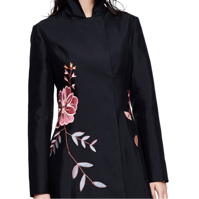 

Floral pattern embroidery black silk wool blended windbreaker