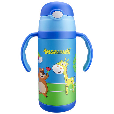 

BABISIL double stainless steel vacuum child straw insulation pot handle shoulder strap dual use 350ml blue BS5307