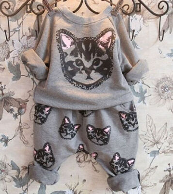 

New Baby Girls Boys Kids Cat Sweatershirt Sweater Pants Outfits Clothes Sets