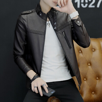 

Collar men's leather jacket men's self-cultivation sleeve spring and autumn tide men wash PU leather as a gift for men