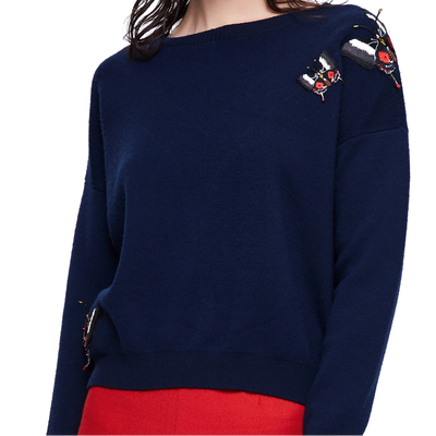

Butterfly pattern embroidered dark blue sweater