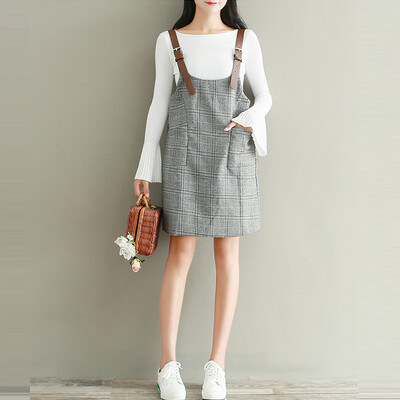 

City plus CITYPLUS 2017 autumn&winter new women&39s literary wild woolen lattice Gary strap short dress loose loose dress CWQZ179267 gray