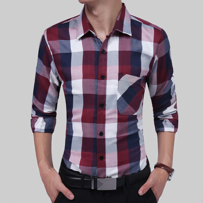 

Fashion Male Shirt Long-Sleeves Tops Casual Lattice Business Mens Dress Shirts Slim Men Shirt 3XL