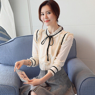 

Markentsee 2017 new women's autumn long-sleeved chiffon shirt Korean loose baskets shirt bow shirt shirt zx1782827 blue