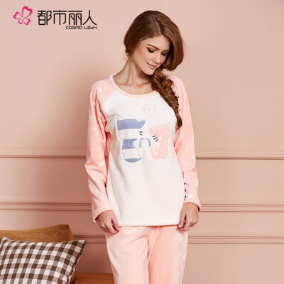

City Ladies Women Pajamas Flannel Warmer Comfortable Cloak Pants Two-piece Coral Velvet Home Set 2H6206 Pink