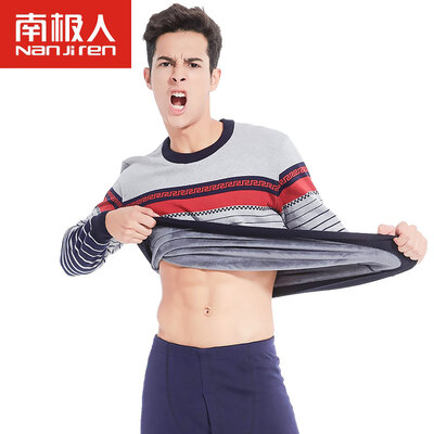 

Antarctic thermal underwear men's round neck prints plus velvet thickening underwear Slim winter youth fashion autumn clothes autumn pants suit male gray red stripes L