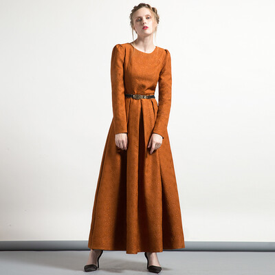 

DF · RS Long-sleeved autumn&winter long-sleeved dress European&American style yellow round neck waist waist dress temper