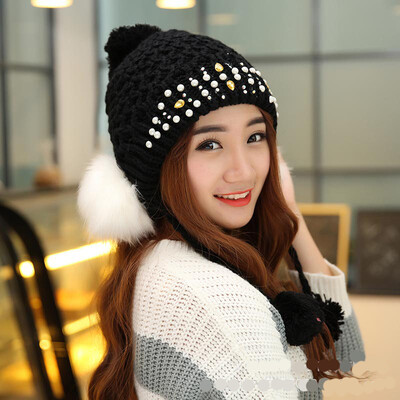 

Winter Lady Knit Cap Individual Pearl Hat Big Hair Ball Knit Cap Holder Hat