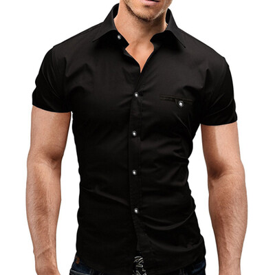 

Men Shirt Luxury Brand 2017 Male Short Sleeve Hawaiian Shirts Casual Metal Buckle Hit Color Slim Fit Black Mens Dress Shirts