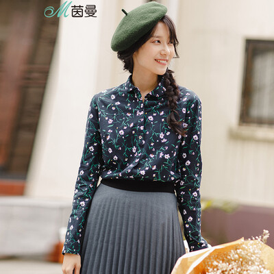 

INMAN 2017 Autumn new art small floral long sleeve lapel shirt female 1873011490 deep treasure blue