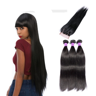 

SQ Hair Natural Black Virgin Hair Straight With Closure 3 Bundles Human Hair Weave Straight With 4*4 Lace closure