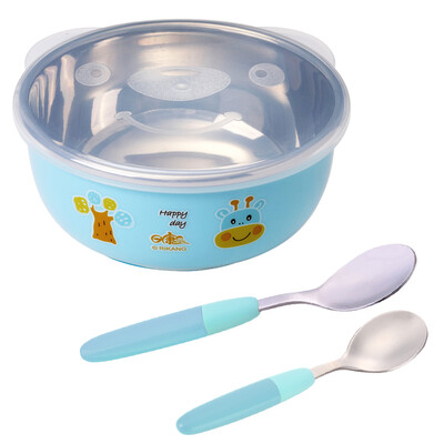 

Rikang childrens tableware stainless steel bowl stainless steel spoon newborn spoon 3 piece set powder blue