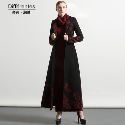 

DF · RS Black woolen coat female long paragraph knee knee 2017 autumn&winter new Slim warm wool coat