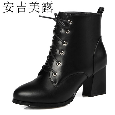 

安吉美露新款鞋粗中跟前系带短裸靴马丁靴及大脚小脚码女32 33-414243