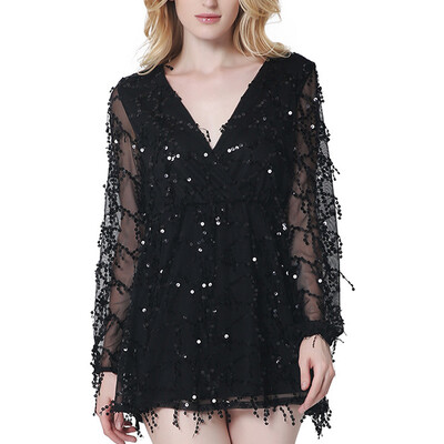 

Women's new net yarn tassel sequins skirt summer long sleeve deep V sexy dress
