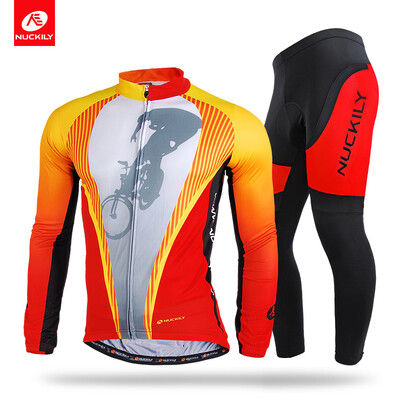 

NUCKILY Men's Spring/Autumn sublimation prints long sleeve cycling jersey with foam pad tight set