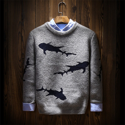 

2017 new autumn tide brand shark printing sweater male Japanese retro sweater round neck plus velvet thick warm wool