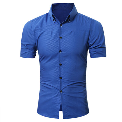 

Brand 2017 Fashion Male Hawaiian Shirt Short-Sleeves Tops Small Grid Solid Color Mens Dress Shirts Slim Men Shirt 5XL