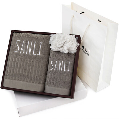 

Sanli cotton embossed sample embroidered word towel bath towel gift sets of 3 gift bag dark blue