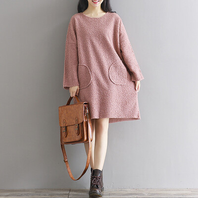 

City plus CITYPLUS 2017 autumn&winter new women&39s literature&art loose loose long lamb hair pocket dress CWQZ179370 pink