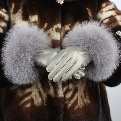 

Ladies sheepskin warm gloves, big fox fur, leather gloves