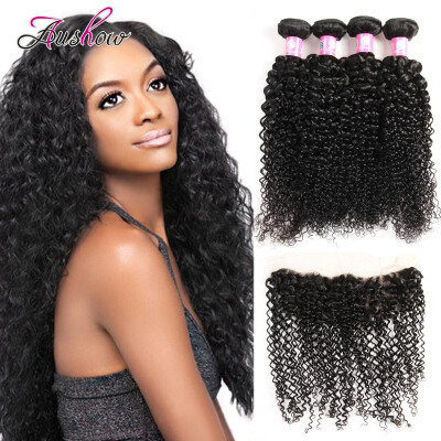 

Brazilian Kinky Hair With Lace Frontal Aushow Human Hair Bundles With Lace Closure 8A Human Hair Products With Frontal