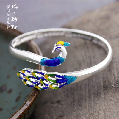 

s999 pure silver bracelet female cloisonne blue peacock retro temperament national wind birthday gift to send mother girlfriend
