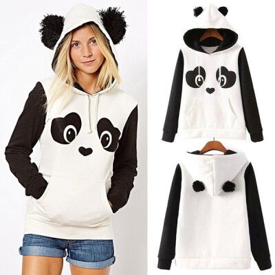 

Big Fluffy Pom Pom Ears Women Cute Panda Warm Hoodie Pullover Hooded Coat Jacket Sweatshirt White Black