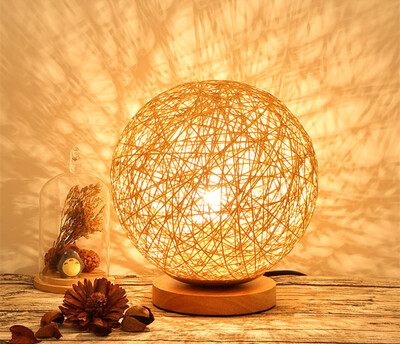 

BOKT Minimalist Novelty Romantic Solid Wood Table Lamp for Bedroom Bedside Desk Lamp Home Decor Rattan Ball Lampshade Linen