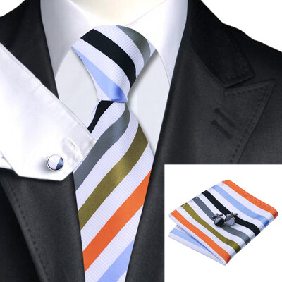 

N-1090 Vogue Men Silk Tie Set White Stripe Necktie Handkerchief Cufflinks Set Ties For Men Formal Wedding Business wholesale