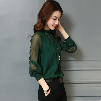 

Fort Sheng 2017 new women's autumn chiffon shirt women's long-sleeved bottoming shirt lace shirt shirt yarn yarn shirt tide zx1782810 black XXL
