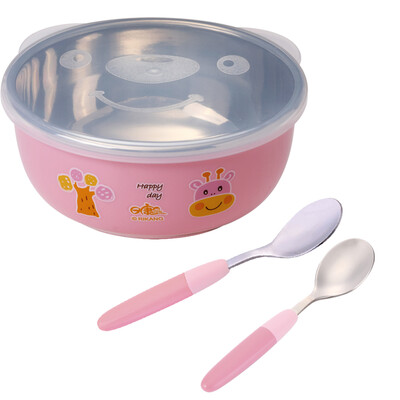 

Rikang childrens tableware stainless steel bowl stainless steel spoon newborn spoon 3 piece set white powder
