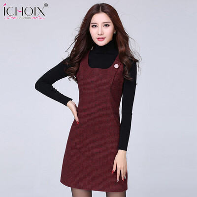 

2017 Autumn Winter Woolen vintage Midi Dress New Vest Plus Size Plaid Dress Houndstooth Slim Sexy Office Women Red Gray Vestidos