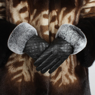 

Sheepskin gloves touch screen with rabbit hair cashmere winter diamond
