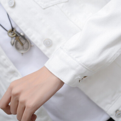 

2017 fashion autumn break, white denim short coat, long sleeved women's jacket, Korean version of slim black jeans blouse