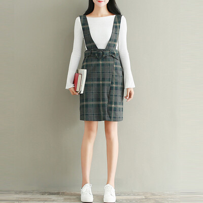 

City plus CITYPLUS 2017 autumn&winter new women&39s literary&artistic wild self-cultivation package buttocks one step under the skirt woolen lattice Gary strap dress CWQZ179268 gray grid L