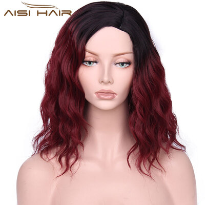 

AISI HAIR Synthetic Ombre Red Blue Pink Wig for Black Women's 14"Long Water Wave False Hair