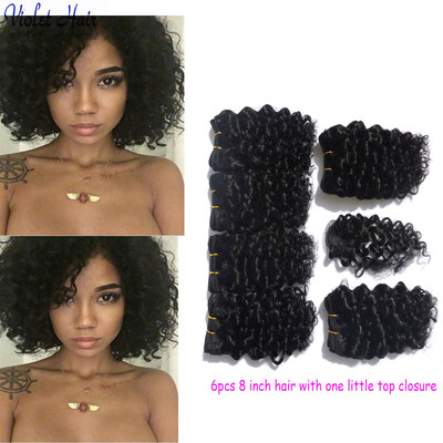 

Summer hot sale human deep curly weave short hair 6 bundles with a closure natural black color 8 inch cheap curly hair 200g