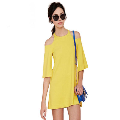 

Lovaru ™New 2015 fashion Simple off-the-shoulder horn sleeve mini easing A pure color dress casua shopping style