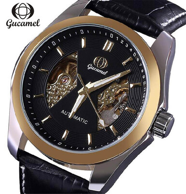 

GUCAME Gold Mechanical Mens Wrist Watch Leather Band Luxury Automatic Clock Men Stainless Steel Skeleton Watches