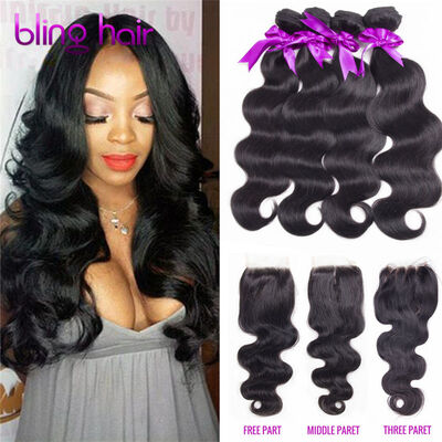 

Bling Hair Brazilian Virgin Hair Body Wave 4 Bundles with Middle Closure 7A Grade 100 Unprocessed Human Hair Weave