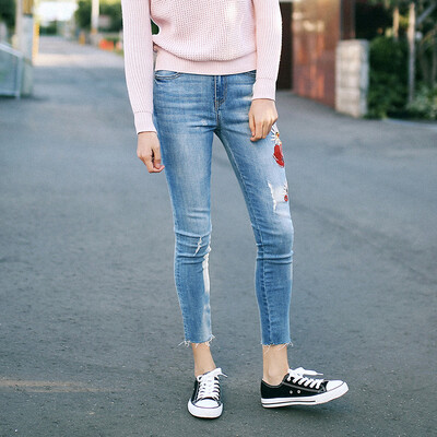 

And with pure Raincun N2319 embroidered jeans female nine pants tight elastic edge pencil pants blue 27