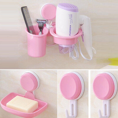 

Green bar bathroom strong suction cup toothbrush holder hair dryer rack wall hanging soap box hook 4 piece set blue